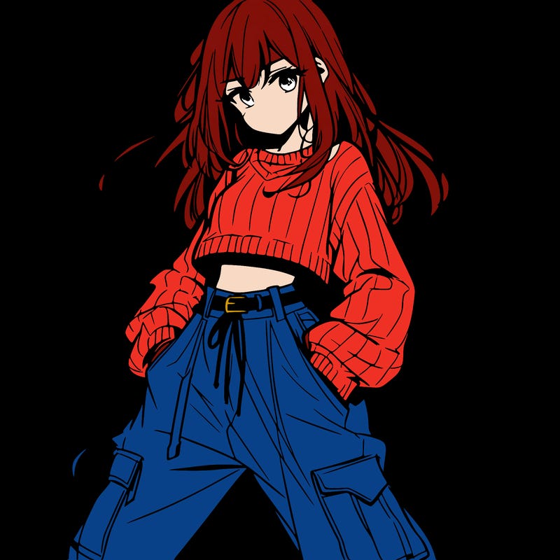 anime teen girl with baggy pants and crop top with sweater
