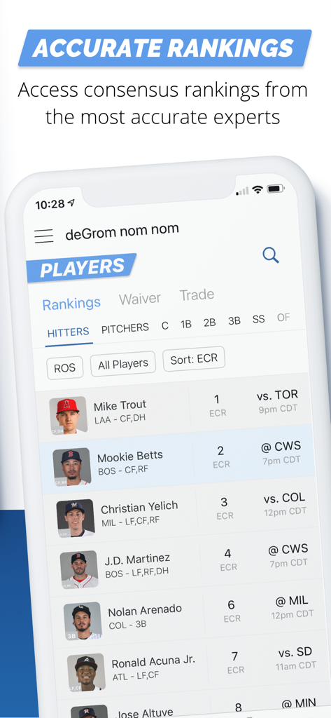 Expert consensus rankings for MLB hitters in the Fantasy Baseball My Playbook app