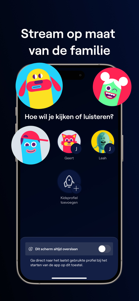 VRT MAX app profile selection screen featuring colorful character avatars for different family members and a kids profile option.