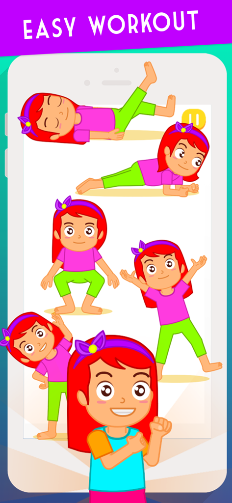 Kids Exercise : Kids Workout - 子供向けの簡単なエクササイズを実演するキャラクターの漫画。