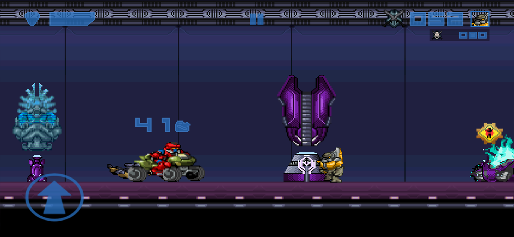 Spartan Runner. - Spartan Runner gameplay showing a character in red armor driving a vehicle in a 2D pixel art sci-fi environment