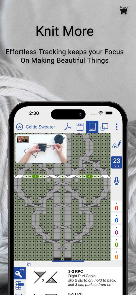 L'app knitCompanion mostra un grafico di maglia dettagliato per un maglione celtico con un video tutorial e strumenti di tracciamento su un iPhone