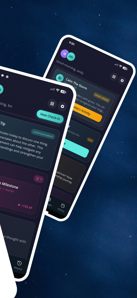 Couples Relationship AI App - Interfaz de la Aplicación de IA para Relaciones de Pareja que muestra registros de actividad y logros gamificados de la relación.