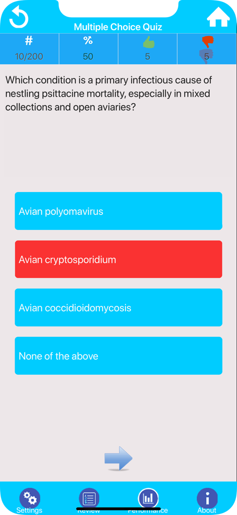 Veterinary Technician Exam - Multiple-Choice-Quizbildschirm in der Veterinärtechniker-Prüfungs-App, der eine Frage zur Aviären Mortalität mit einer falschen Antwort in Rot anzeigt.