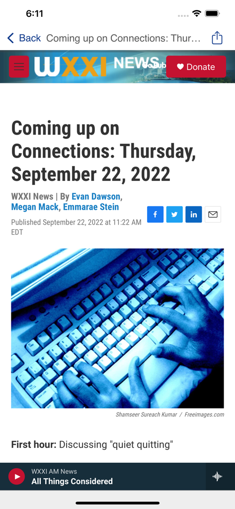 WXXI Public Media App - WXXI Public Media App news article screen about the Connections radio program featuring a story on quiet quitting.