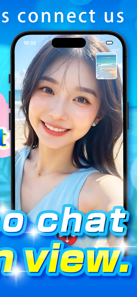 A video call screen on the Whale app featuring a woman at a scenic beach