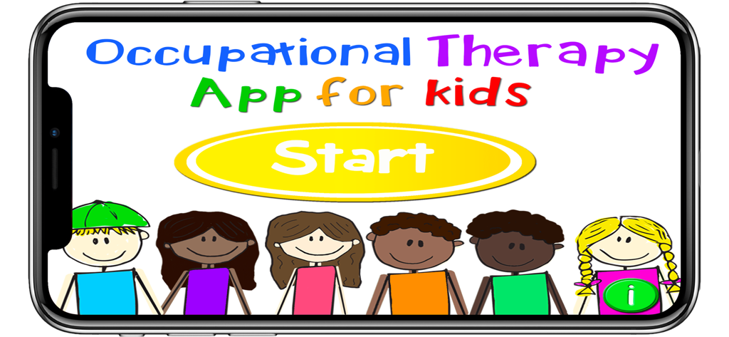 The start screen of the Occupational Therapy App for Kids featuring hand-drawn illustrations of diverse children and a large yellow start button.