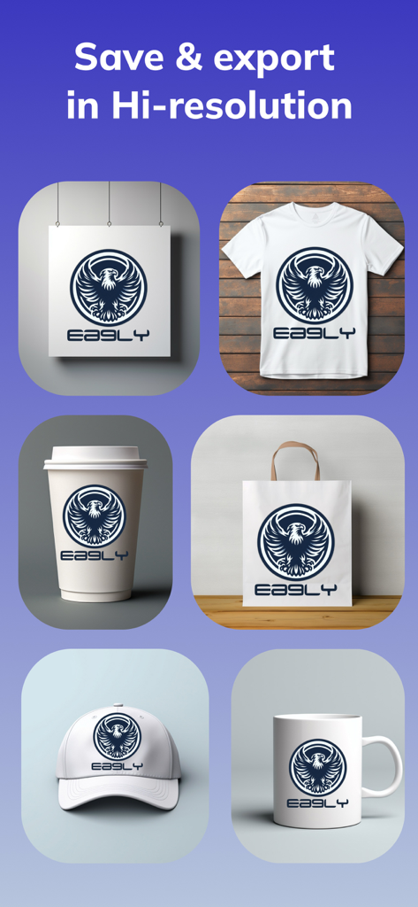 AI Logo Maker - Design Creator - Application de création de logos IA affichant des maquettes de marque sur un t-shirt, une tasse à café et un sac de shopping