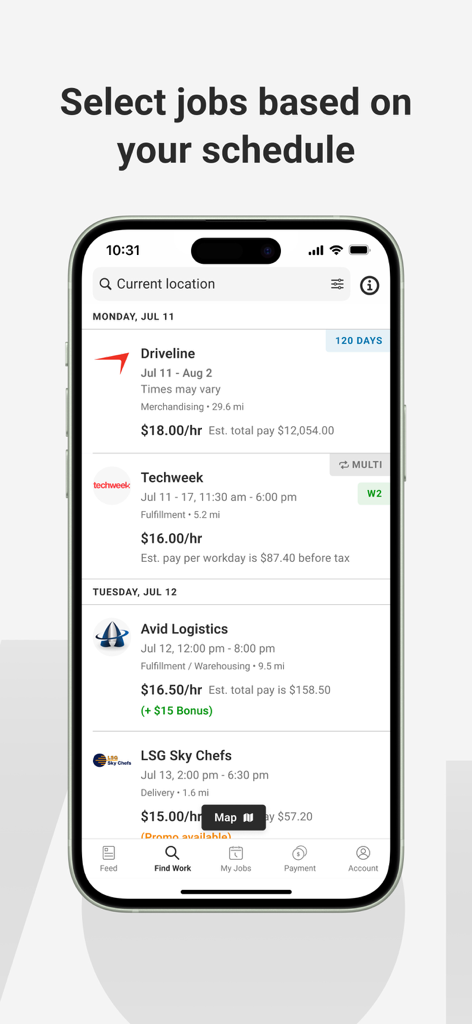 Wonolo - Wonolo app interface showing a list of available hourly shifts with job titles pay rates and schedules