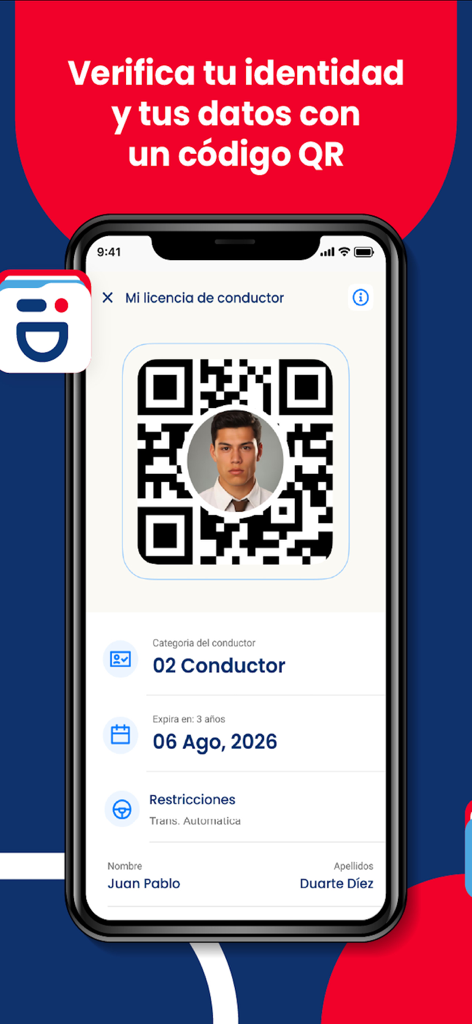 A digital driver's license screen in the Soy Yo RD app showing a QR code and personal identification details for a citizen