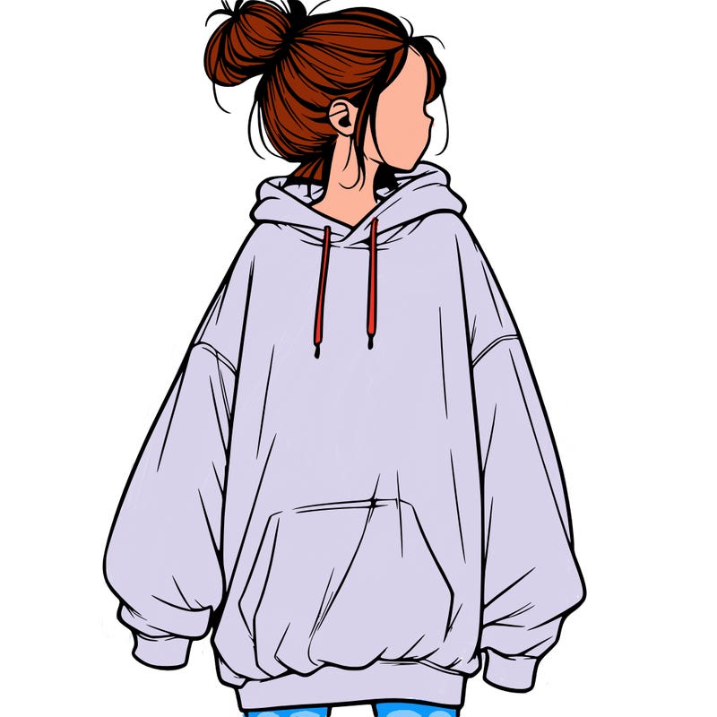 realistic girl with a oversized sweatshirt on and a bun