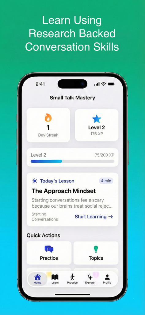 Small Talk Mastery - The Small Talk Mastery app home screen showing a user's progress streak, XP levels, and a daily lesson on the approach mindset.