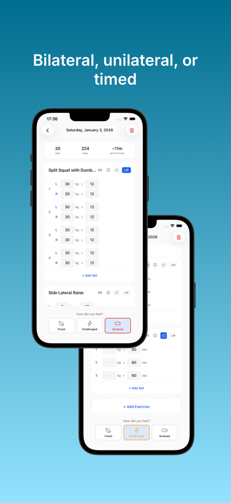BaseLift: Gym Log & Diary - BaseLift app interface showing unilateral exercise logging with separate left and right side inputs and post-workout recovery ratings.