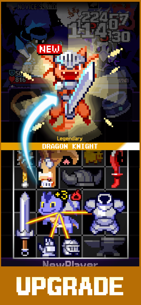 Overgeared Hero: Merge RPG - Personaje legendario Caballero Dragón e inventario de mochila en Overgeared Hero