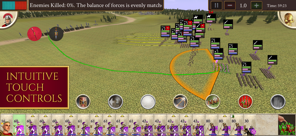 ROME Total War mobile battle gameplay showing intuitive touch controls for unit movement