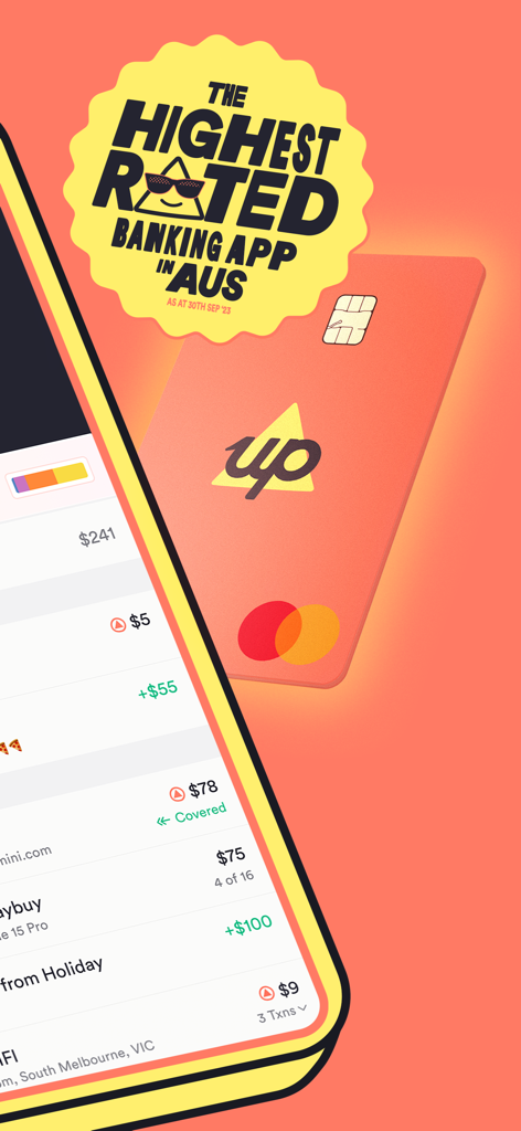 Interface of Up banking app showing transaction history and a branded orange debit card with a highest rated in Australia badge