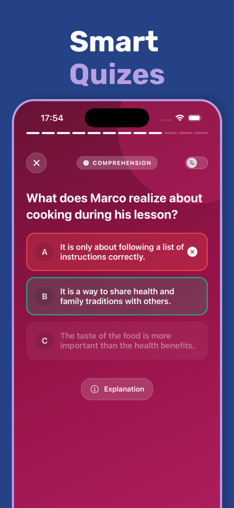 A screenshot of the Talaka AI English learning app showing a multiple-choice comprehension quiz interface with instant feedback.