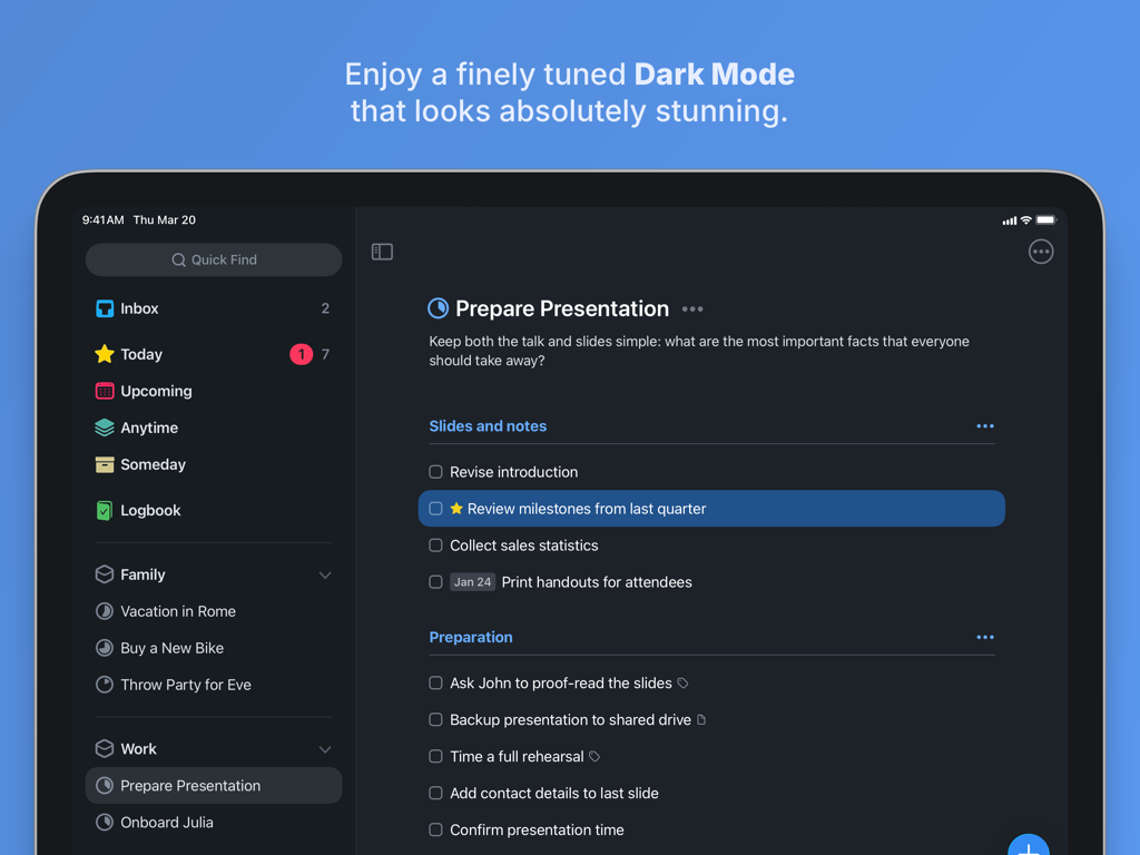 L'interface du gestionnaire de tâches Things 3 pour iPad affichant un projet de présentation en mode sombre.
