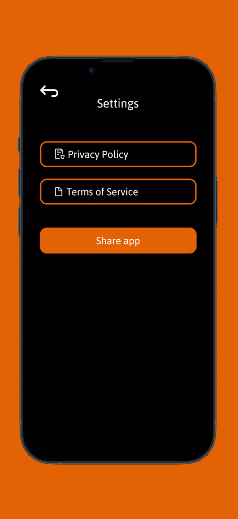Pantalla de configuración de la aplicación My Data Usage Follower que muestra la política de privacidad y las opciones para compartir la aplicación.