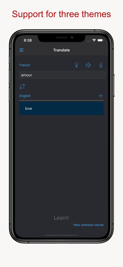 Schermata del traduttore dell'app Read and Learn Pro che mostra una traduzione dal francese all'inglese in un'interfaccia a tema scuro.