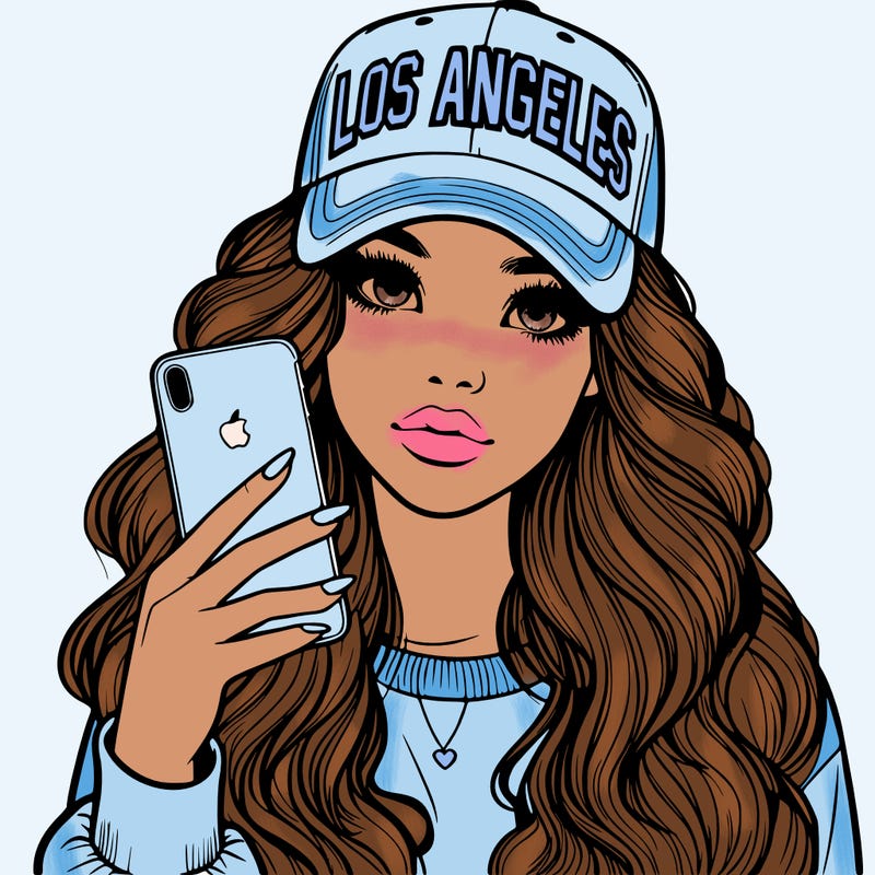 realistic beautiful girl wearing los ángeles cap holding an iphone