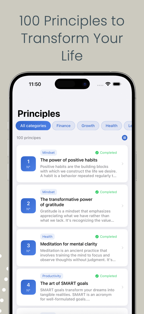 自己啓発とパーソナルデベロップメントアプリのiPhoneスクリーンショット。ポジティブな習慣や感謝など、カテゴリ分けされた人生の原則リストが表示されています。