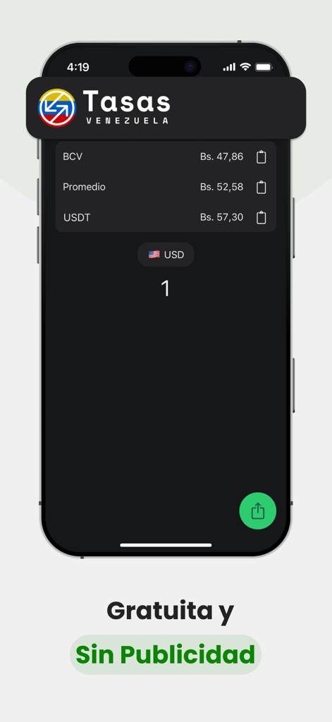 Tasas Venezuela app interface showing USD to Bolivar exchange rates with no advertising