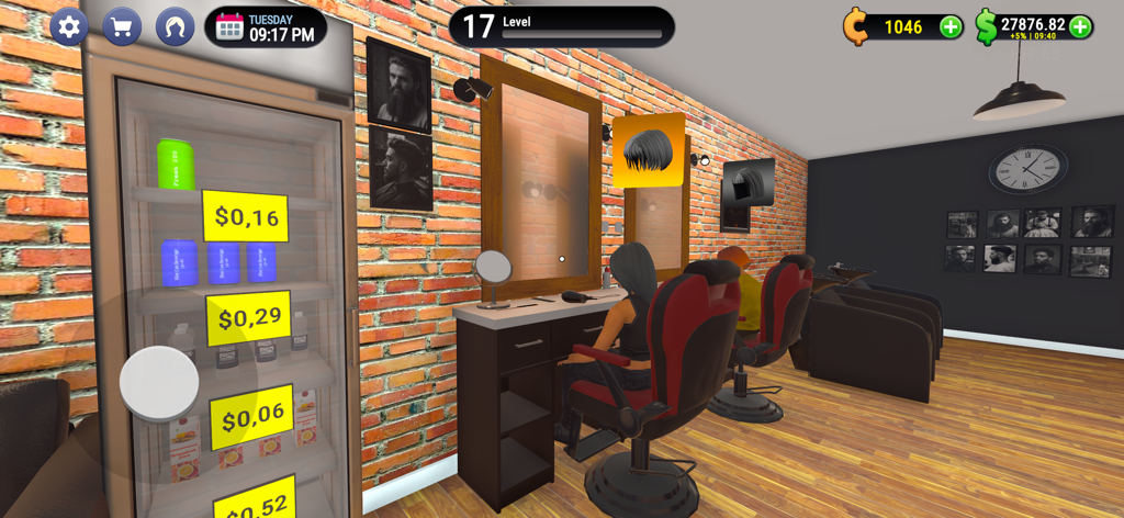Hair Salon Simulator 3D - Interior view of a 3D hair salon with styling stations and a retail display fridge