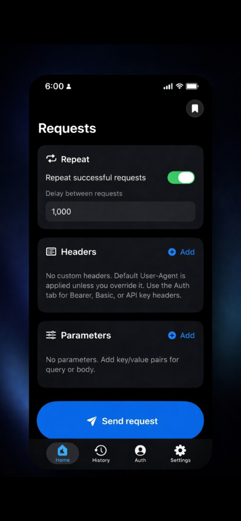 リピート設定、ヘッダー、パラメータのAPIリクエスト設定オプションを表示するReqLabインターフェース