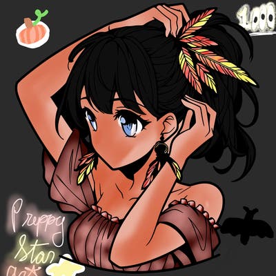 anime girl tucking her hair behind her ear with feathered earrings