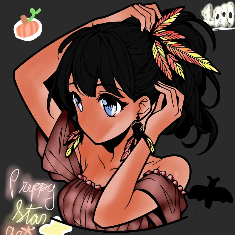 anime girl tucking her hair behind her ear with feathered earrings