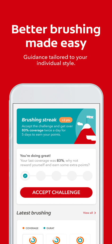Colgate Connect - Colgate Connect App-Bildschirm, der eine Herausforderung für Putzstreaks und verdienbare Smile Points anzeigt