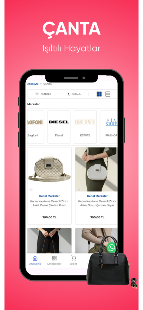 Gümrük Malları Satışı - Screenshot of the Gümrük Malları Satışı mobile app showing quilted handbags and brand logos in the bags shopping category