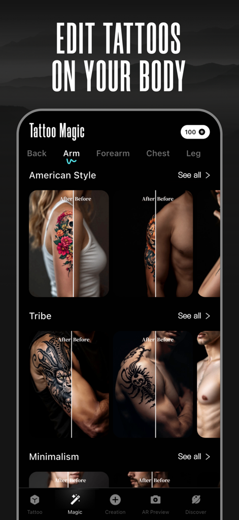 User interface of the Ai Tattoo Ideas app displaying virtual tattoo placements on different body parts with before and after comparisons.