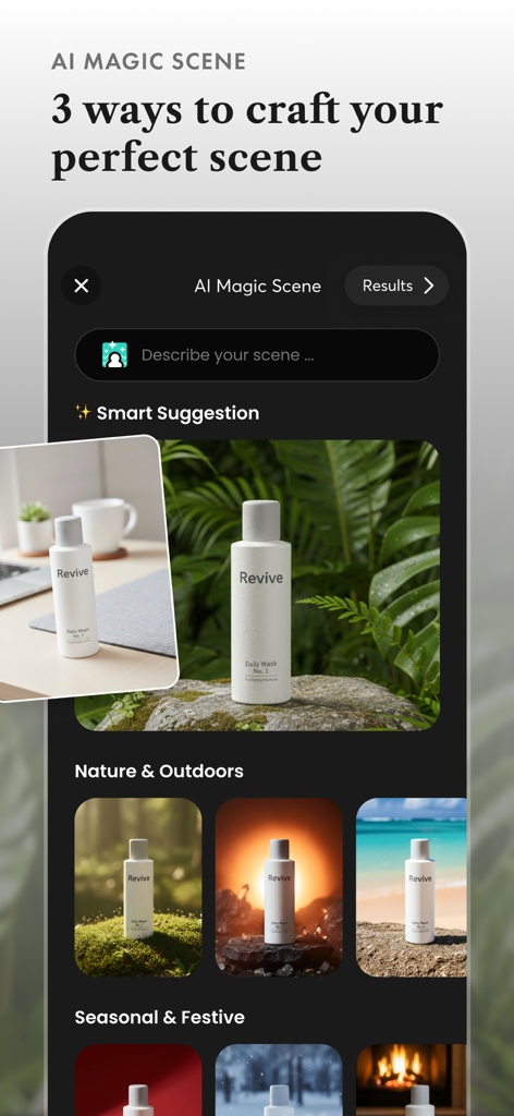 BEAM app interface showing the AI Magic Scene feature replacing a product photo background with professional nature settings