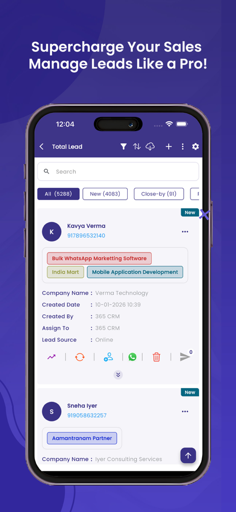 365 CRM - 365 CRM mobile app screen showing lead management dashboard with contact details and sales status