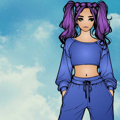 realistic girl with high pigtails wearing a cropped top that hang off her shoulders and sweatpants