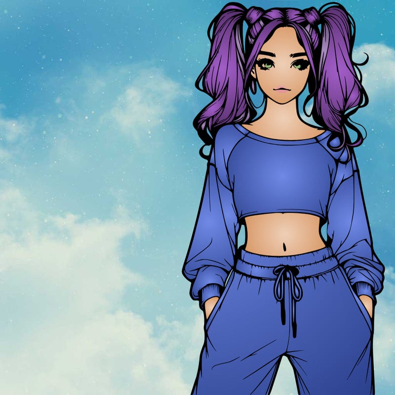 realistic girl with high pigtails wearing a cropped top that hang off her shoulders and sweatpants