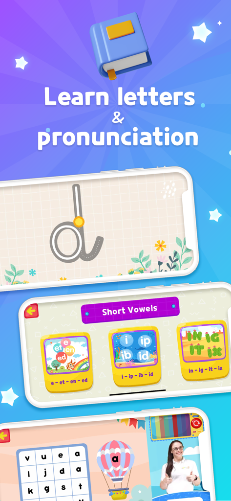 Educational app screens showing letter tracing, short vowel lessons, and interactive phonics games for children.