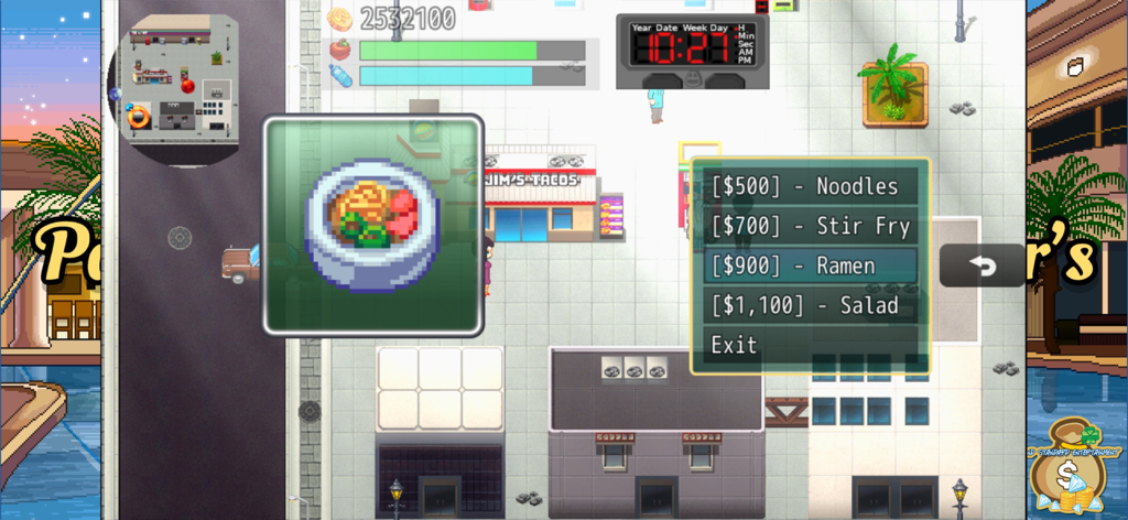 A top-down pixel art view of the Paper Chasers game showing a food menu with prices for ramen and other items