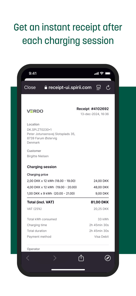An instant digital receipt for an EV charging session in the Verdo Opladning app showing price and energy details