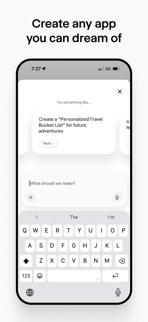 Wabi - Una pantalla de smartphone mostrando la interfaz de la app Wabi con una indicación de texto de IA para crear una miniapp personalizada.