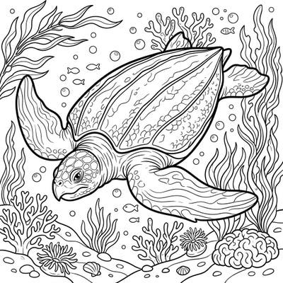 Embark on an underwater journey with this stunning leatherback sea turtle coloring page. Discover the ocean's gentle giant surrounded by a vibrant marine ecosystem, ready for your artistic touch.