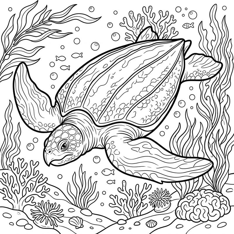 Embark on an underwater journey with this stunning leatherback sea turtle coloring page. Discover the ocean's gentle giant surrounded by a vibrant marine ecosystem, ready for your artistic touch.