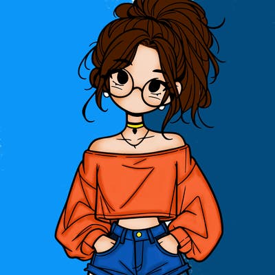 girl with a messy ponytail glasses a baggy crop top and jean shorts