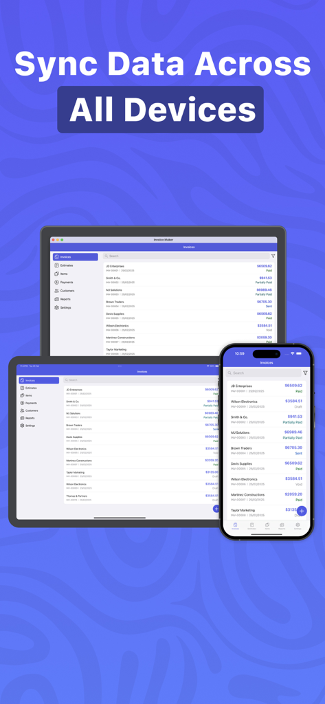 Invoice Maker & Estimate - iPhone、iPad、MacBookで同期された請求書＆見積書作成アプリのインターフェース