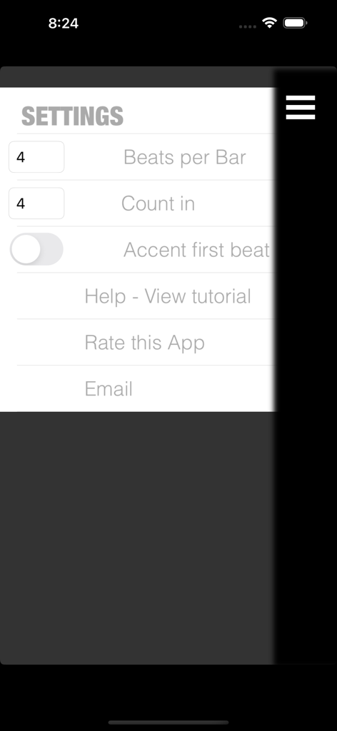 Metronome Step - The settings menu of the Metronome Step app showing options for beats per bar and count in