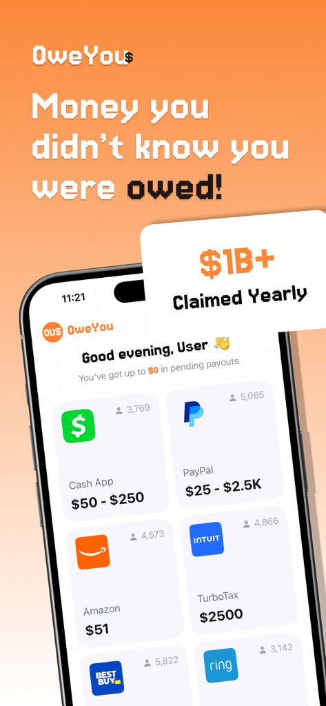 OweYou 모바일 앱 화면에 PayPal, Amazon, TurboTax와 같은 브랜드의 잠재적 집단 소송 합의금 지급금이 표시됨