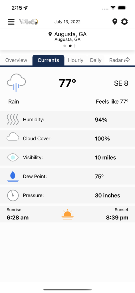 WJBF Vipir 6 Radar - Current weather dashboard for Augusta GA in the WJBF Vipir 6 app