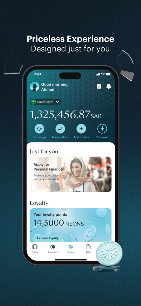 NEO - La pantalla de inicio de la aplicación bancaria digital NEO que muestra el saldo de la cuenta y los puntos de recompensa de fidelidad.